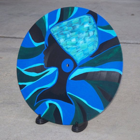 Handmade Painted Record with Lady in Hat Blue Green Black Upcycled Abstract